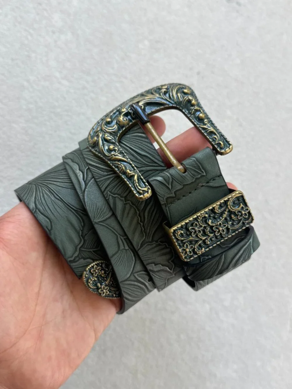 Olive Green Embossed Floral Western Buckle Belt